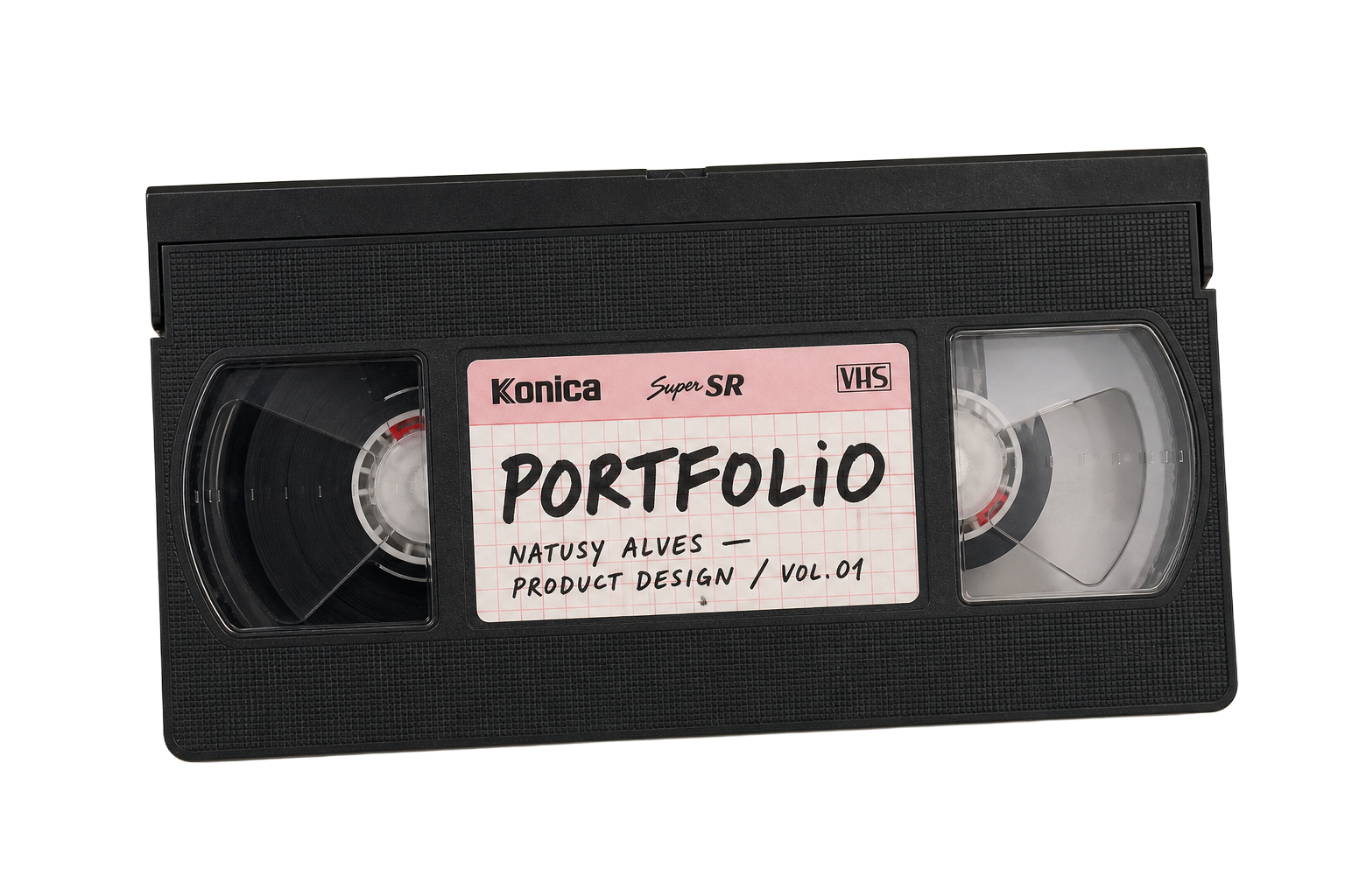 Black VHS cassette labeled Portfolio — Natusy Alves, Product Design, Vol. 01
